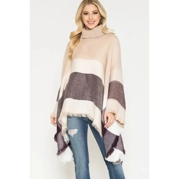 Boutique Madelyn Plaid Turtleneck Poncho Sweater OS - Picture 1 of 5